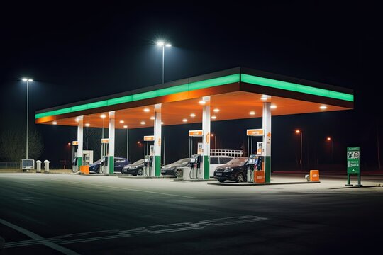 Gas station at night. Generative AI.
