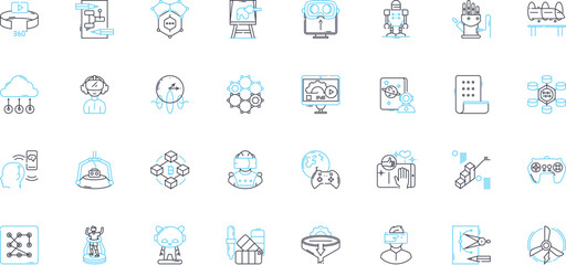 Digital Age linear icons set. Technology, Internet, Automation, Innovation, Cybersecurity, Globalization, Virtuality line vector and concept signs. Connectivity,Information,Online outline