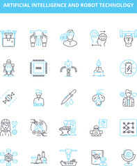 Artificial intelligence and robot technology vector line icons set. AI, Robot, Technology, Automation, Machine Learning, Neural Networks, Natural Language Processing illustration outline concept