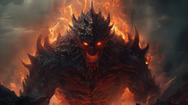 fiery monster with blazing red eyes, digital art illustration, Generative AI