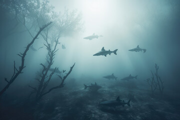Fototapeta na wymiar A school of sharks flying in a foggy fantasy landscape, surreal.