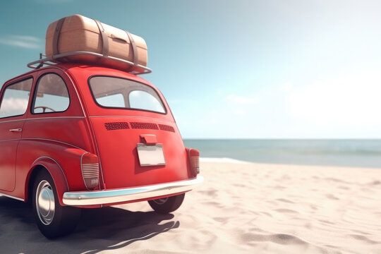 Red summer car with suitcase on the beach.