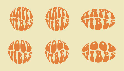 Good Vibes, Happy Vibes Groovy Graffiti Cartoon Retro, Vintage, Y2K Trendy Style. Love, passion wavy rounded text t - shirt, hoodie clothes sticker, print (Full Vector)