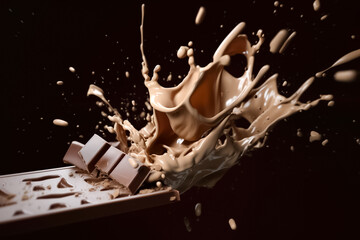Naklejka premium The cascading flow of a melted chocolate bar creates a mesmerizing dance on a black backdrop. generative AI.