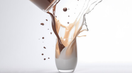 The perfect blend of rich and creamy coffee, chocolate milk, and fresh milk cascading out of a glass in a captivating and artistic display on white background. generative AI.