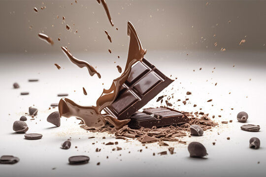 A melted chocolate bar splashes down, creating a mesmerizing display of flowing chocolate waves on white background. generative AI.