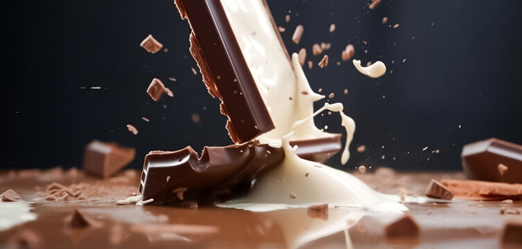 The cascading flow of a melted chocolate bar creates a mesmerizing dance on a black backdrop. generative AI.