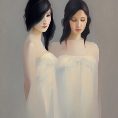 Mother Daughter, two women, Mother Day, love dressed in white. ai generated and digitality hand painted with textures.
