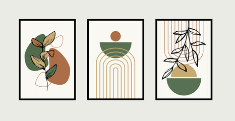 Botanical and abstract wall arts vector. Mid Century luxury pattern design with leaves line arts, Hand draw Organic shape design for wall framed prints, canvas prints, poster, home decor