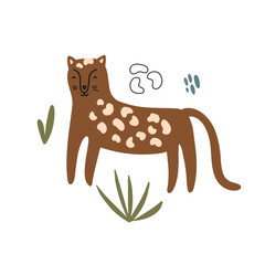 Cute leopard surrounded by tropical plants. Vector illustration isolated on white background for your design