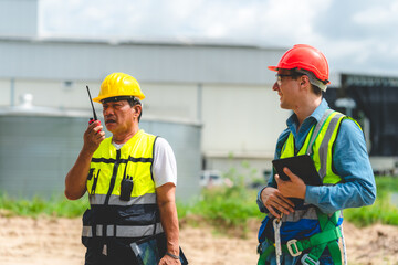 Professional engineer team full skill quality working to maintenance and training with industry factory worker, Warehouse workshop for factory operators and mechanical engineering team production.