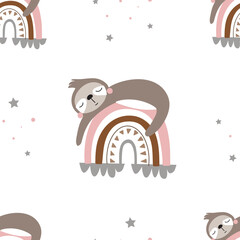 seamless pattern with cute sloth and rainbow - vector illustration isolated on white background for your design