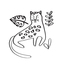 Cute leopard surrounded by tropical plants. Doodle style vector illustration isolated on white background for your design