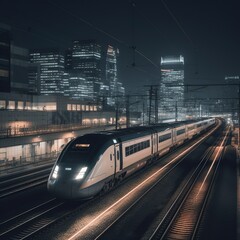 Naklejka premium train in the city at night.