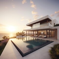 Fototapeta premium Luxurious modern house with swimming pool with sky view.