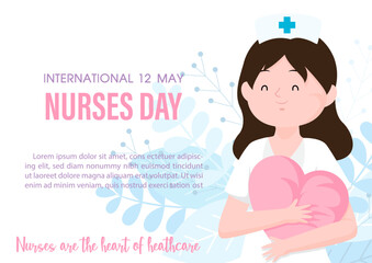 Nurse in cartoon character holding a heart shape pillow with wording of Nurses day, example texts on white background. International nurse day poster's campaign in flat style and vector design.