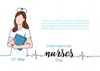 Nurse in cartoon character and one line style with wording of Nurses day, example texts on white background. Poster campaign of International nurses day in vector design