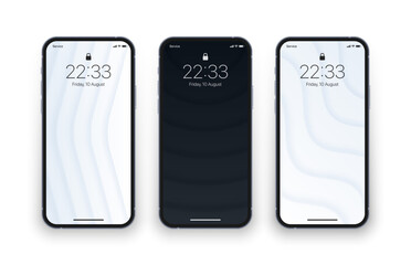 Various Black And White 3D Layered Smooth Blurred Dynamic Structure Wallpapers Set On Photorealistic Mobile Phone Screen Isolated On White. Set Of Vertical Abstract Backgrounds For Smartphone