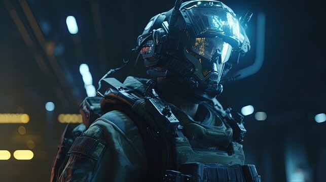 heroic military science fiction soldier, digital art illustration, Generative AI