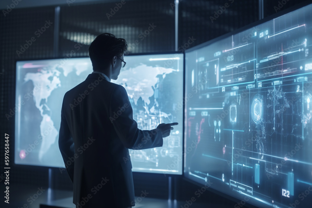 Poster businessman touching on ai machine learning on virtual screen with big data computer