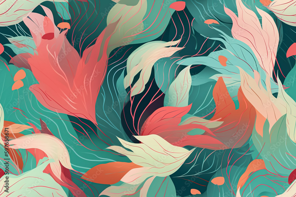 Poster tile. seamless pattern with hand drawn abstract leaves. generative ai
