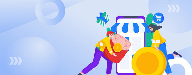 Obraz premium Holiday Shopping E-Commerce Online Shopping People Flat Vector Concept Operation Hand Drawn Illustration 