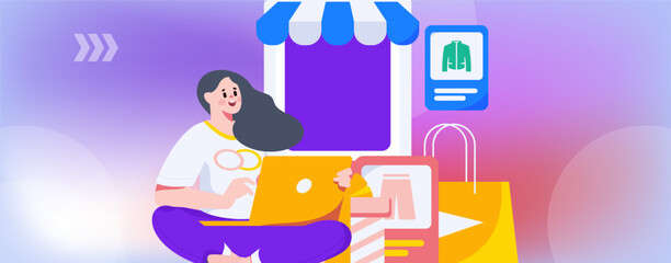 Holiday Shopping E-Commerce Online Shopping People Flat Vector Concept Operation Hand Drawn Illustration
