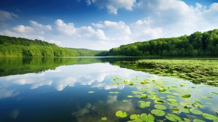 Fototapeta premium Pristine, crystal-clear lake surrounded by lush, verdant foliage, reflecting the sky and clouds. Generative AI