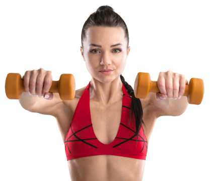 Sporty young woman training with dumbbells, pumping up muscles of hands