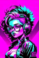 Naklejka na ściany i meble Dj girl with headphones, Cyberpunk woman with Glasses and headphones, Woman in the club, Neon Party, Generative AI