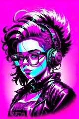 Fototapeta na wymiar Dj girl with headphones, Cyberpunk woman with Glasses and headphones, Woman in the club, Neon Party, Generative AI