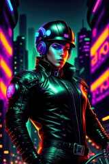Vaporwave Motorist, Woman in Neon City, Motorist suit, Black suit, Cyberpunk style, Female Motorist, Generative AI