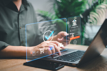 Online payment banking transaction and e-commerce digital marketing technology concept, Businessman use laptop login online banking application to paying online shopping on a virtual screen