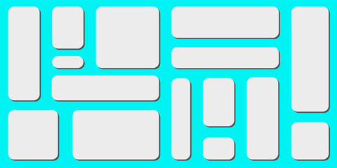 Set of blank white buttons on blue background. Set of rounded rectangles. White set of blank buttons on light blue background. Oval, round, and square web 3d icons.
