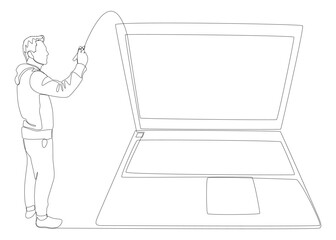 Fototapeta na wymiar One continuous line of Man pointing with finger at laptop. Thin Line Illustration vector concept. Contour Drawing Creative ideas.