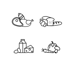 Vector grocery icons for supermarkets and shops fish, eggs, chicken, bread, croissant, cucumber, tomato, mushroom