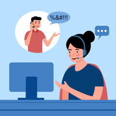 Customer complaint via call center service in flat design. Angry customer on phone. - obrazy, fototapety, plakaty