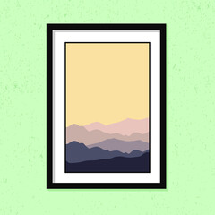 Minimalist beautiful Asian hill landscape for wall decoration frames isolated on green color background.