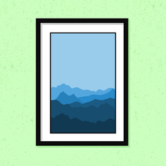 Minimalist beautiful blue hill landscape for wall decoration frames isolated on green color background.