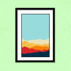 Minimalist beautiful retro hill landscape for wall decoration frames isolated on green color background.