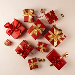 set of red gift boxes on white background.
