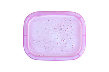 white soap foam in purple pink square plastic basin isolated on transparent