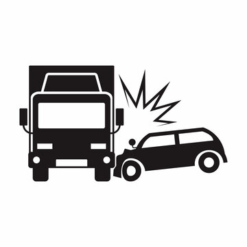 Truck vs car crash incident vector illustration. Car hit the truck from side position. Icon and symbol of road safety.