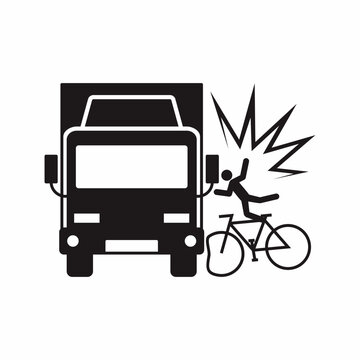 Bicycle hit the cargo truck from left side. Road safety accident crash vector icon and symbol illustration.