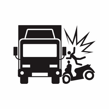 Road safety accident vector illustration. Motorcycle hit the side of truck and the passenger bounce. Isolated vehicle crash icon and symbol.