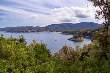 Fototapeta na wymiar View to gulf of Procchio and Biodola and tiny Island Paolina, Elba Island, Italy
