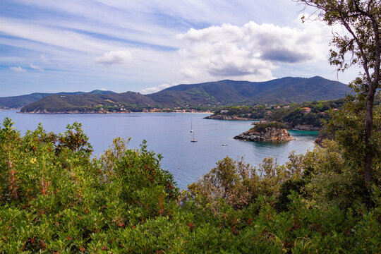 View to gulf of Procchio and Biodola and tiny Island Paolina, Elba Island, Italy