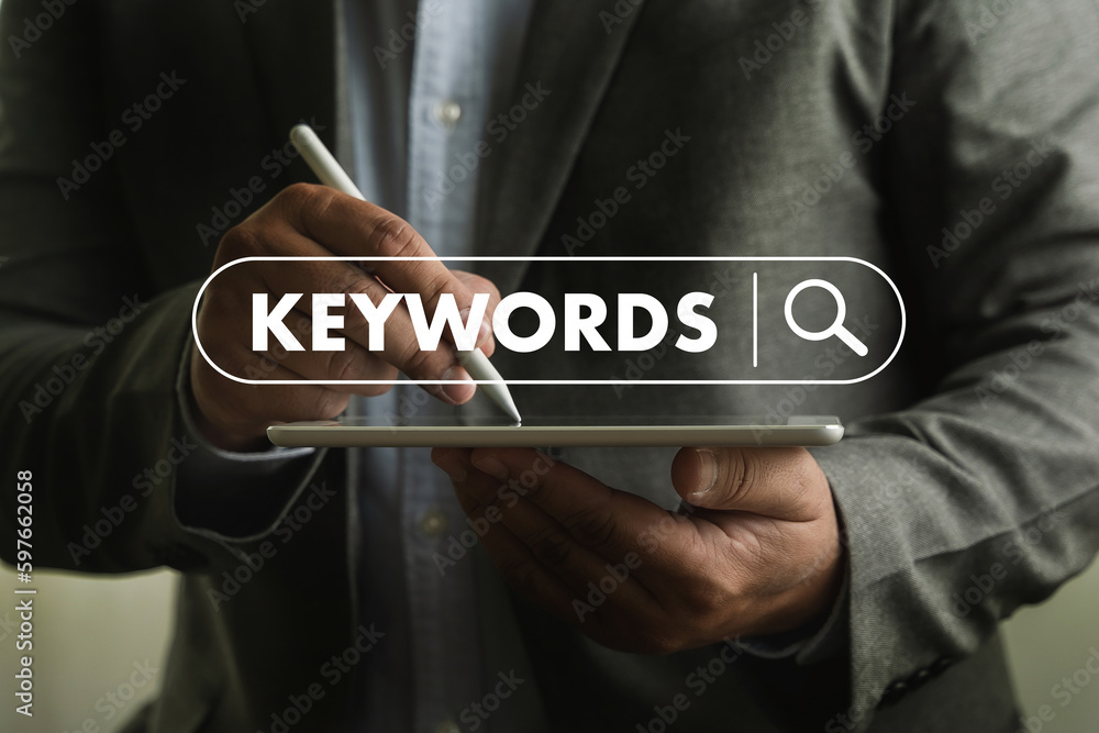 Poster businessmanman search website for content keywords on laptop browse in office optimize seo engine