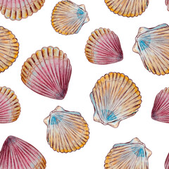 Seamless marine pattern with watercolor underwater life