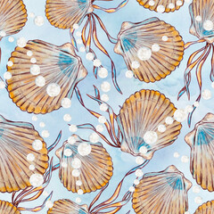 Seamless marine pattern with watercolor underwater life